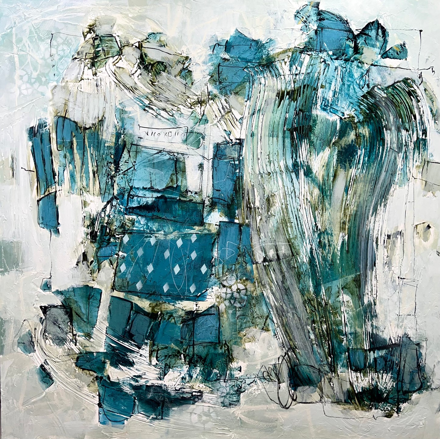 blue abstract painting lori mirabelli 40x40 inches