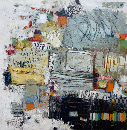 Abstract art piece with mixed media elements on a white background