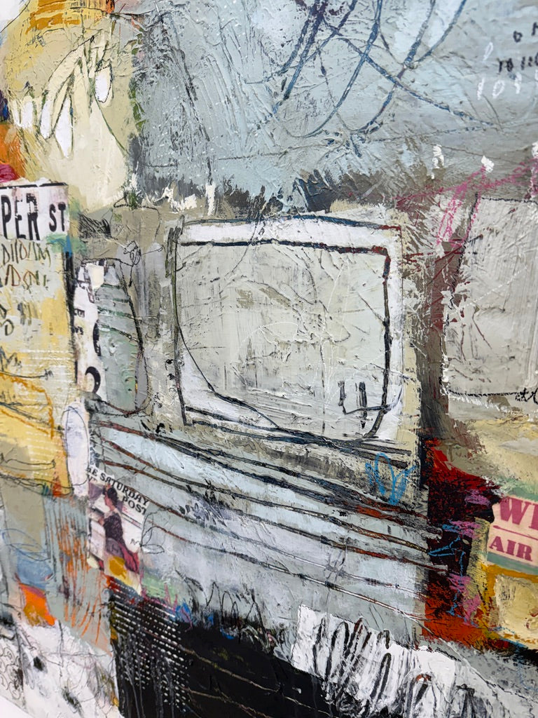 Abstract artwork with a central figure resembling a television set.