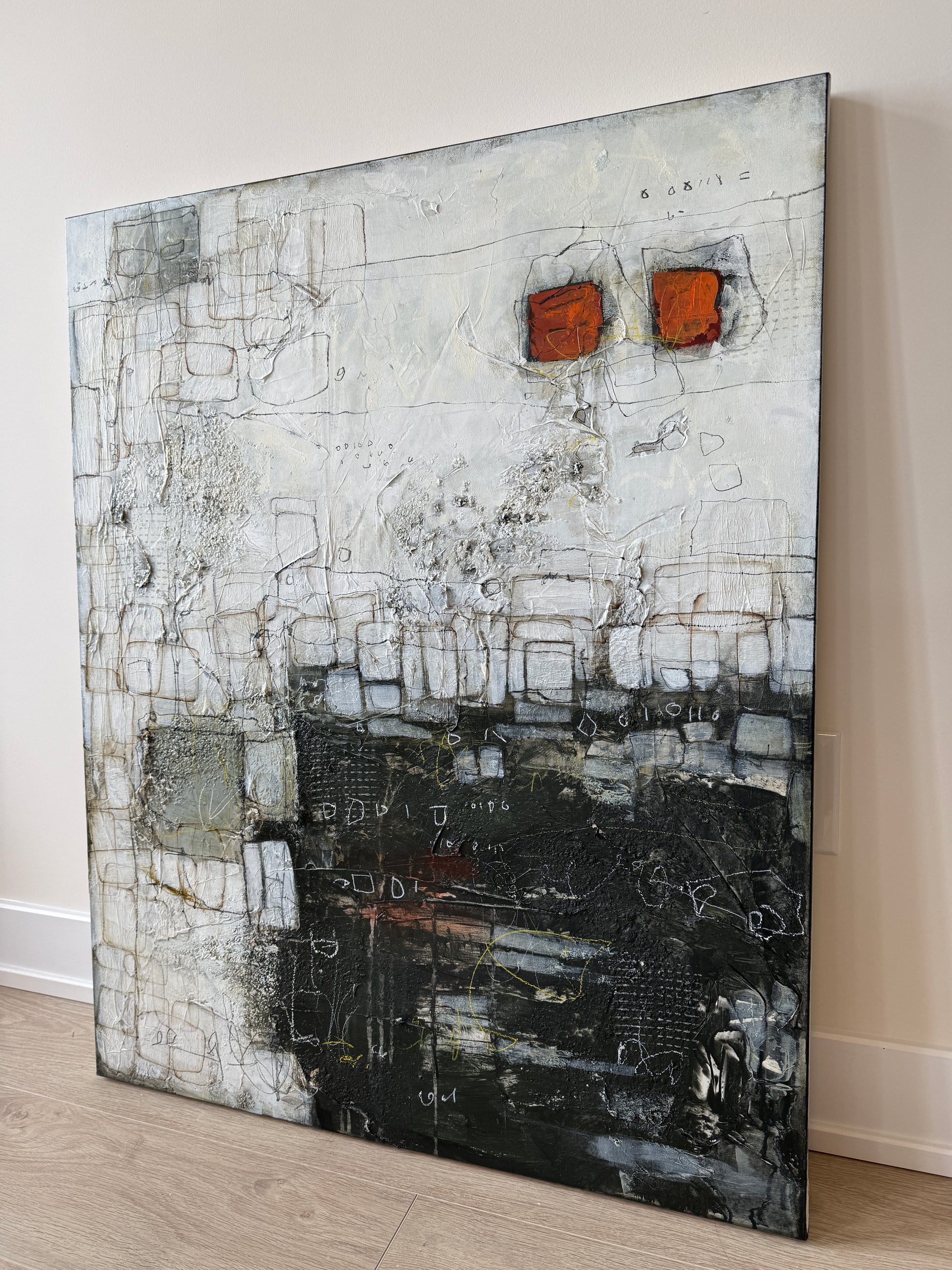 Abstract art piece with contrasting textures on a white background