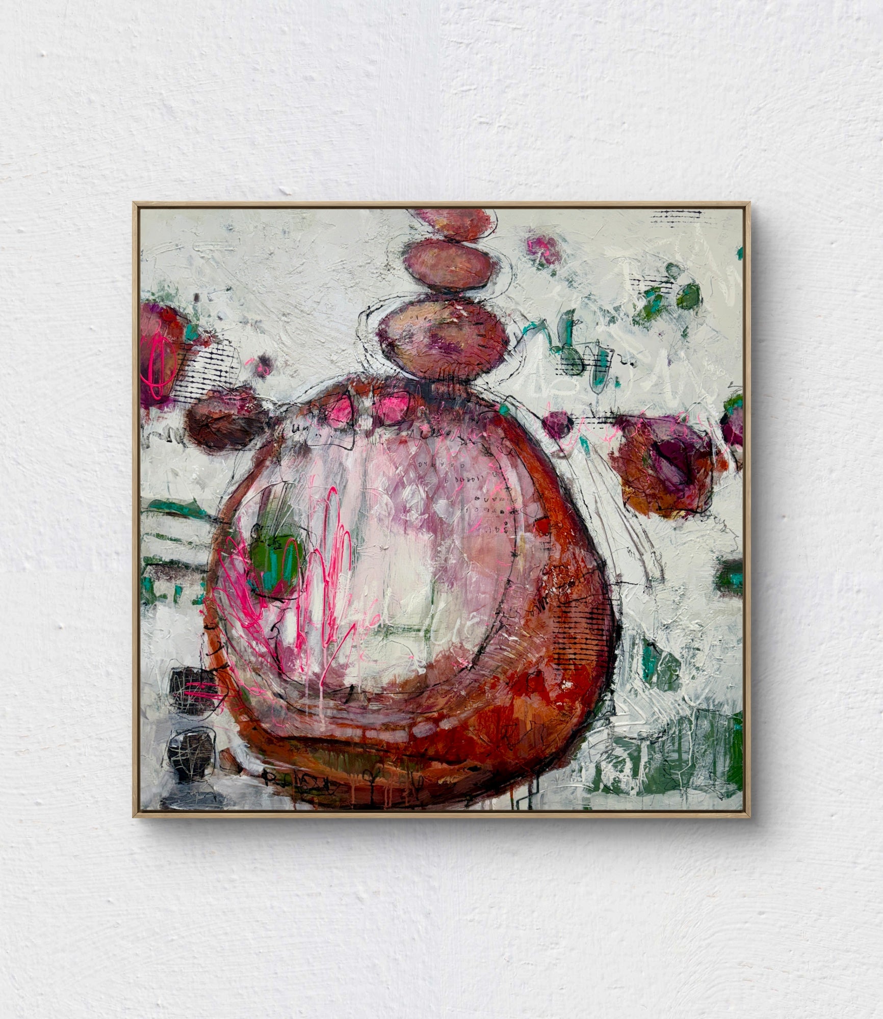 Abstract art piece with circular shapes and vibrant colors on a textured white background