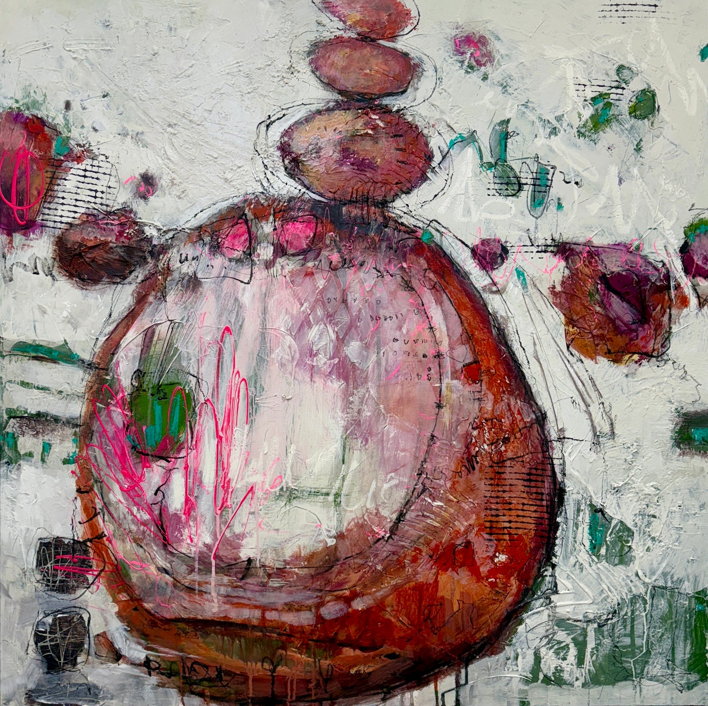 Abstract art piece with circular shapes and colorful textures on a white background