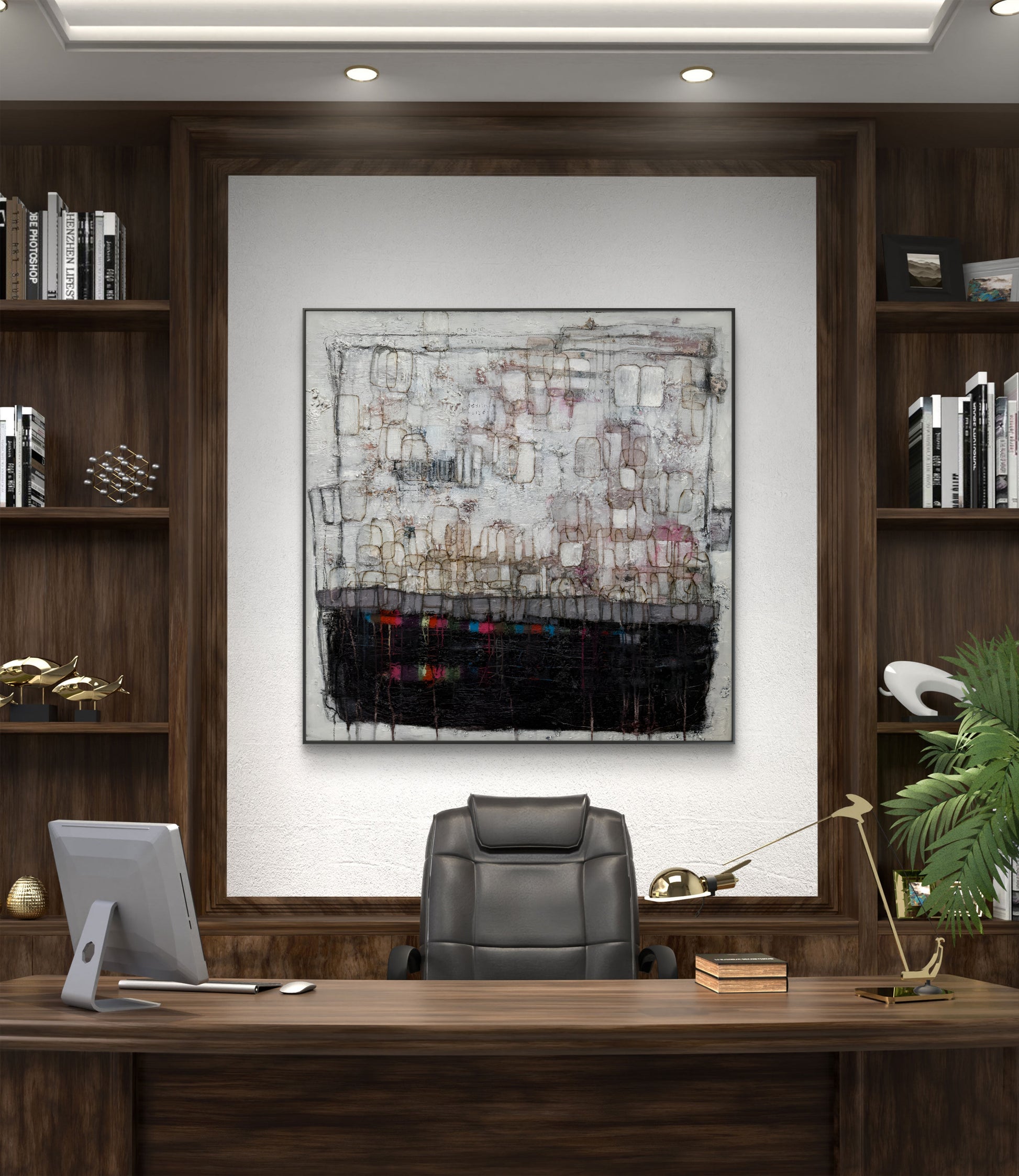 Modern office setup with a desk, chair, and abstract painting on a wall.