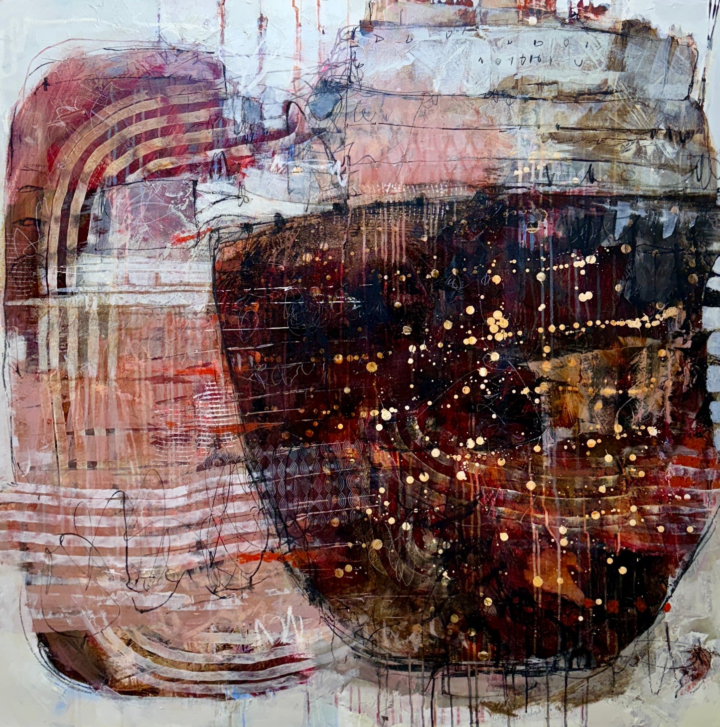 Abstract art piece with a central dark circular shape and layered textures. Lori Mirabelli Toronto 48x48