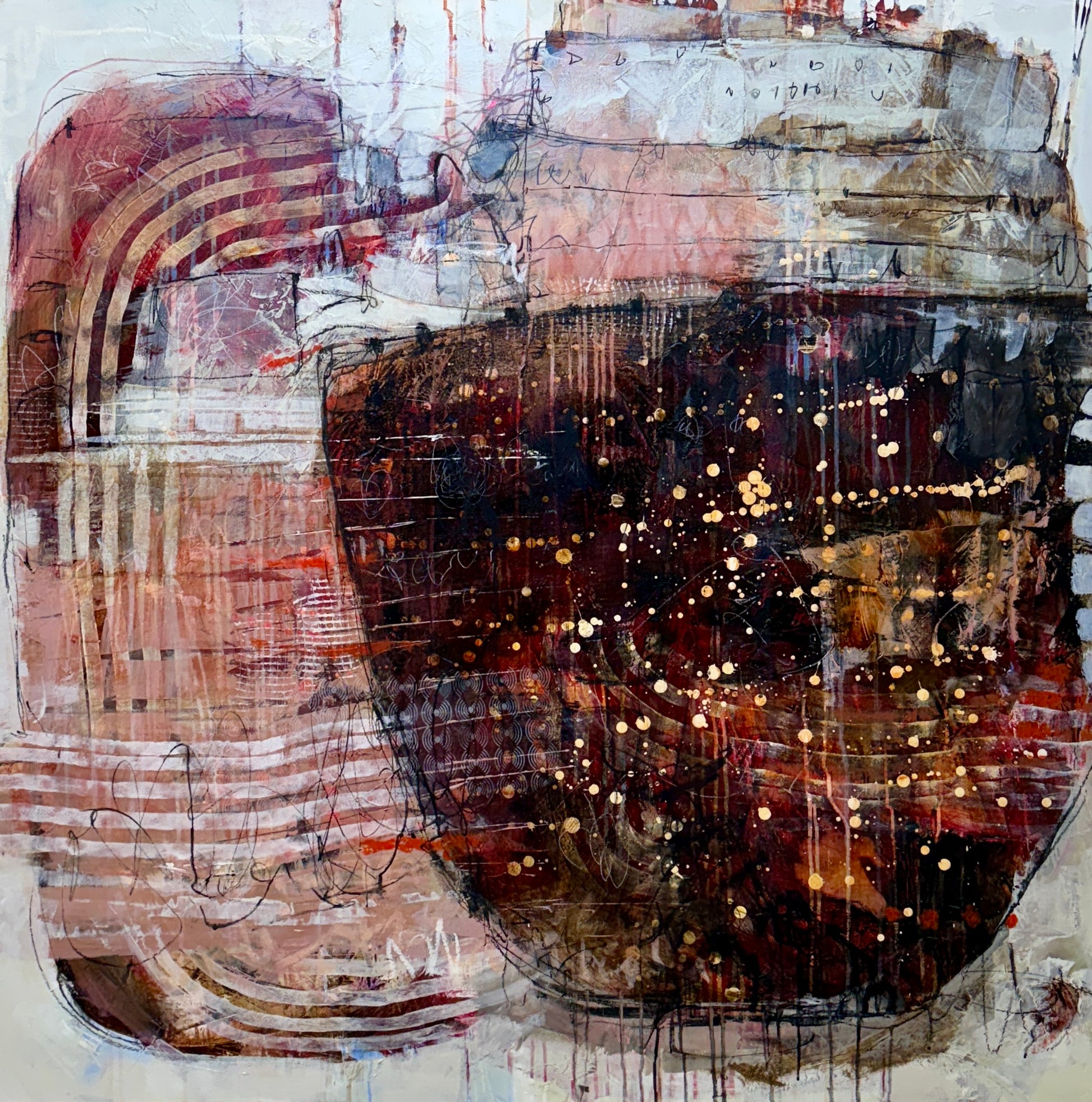 Abstract art piece with a central dark circular shape and layered textures. Lori Mirabelli Toronto 48x48