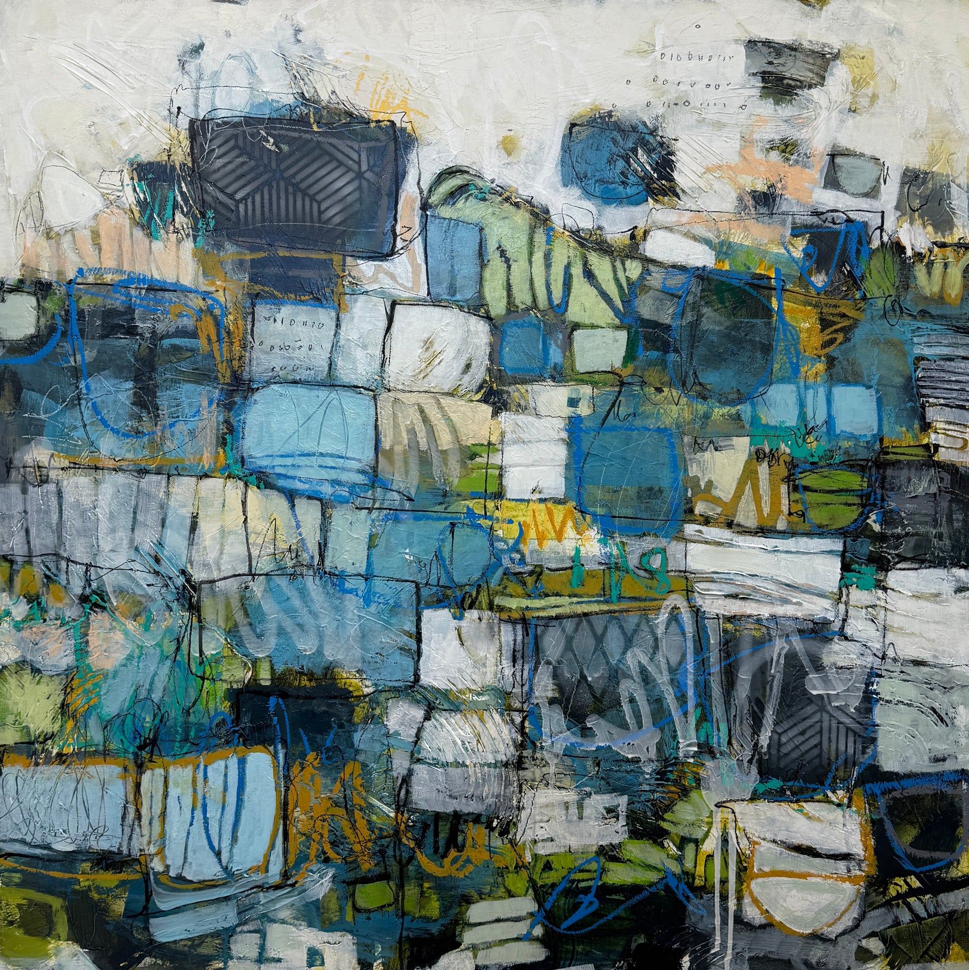 Abstract art piece with a mix of blue, green, and gray colors.