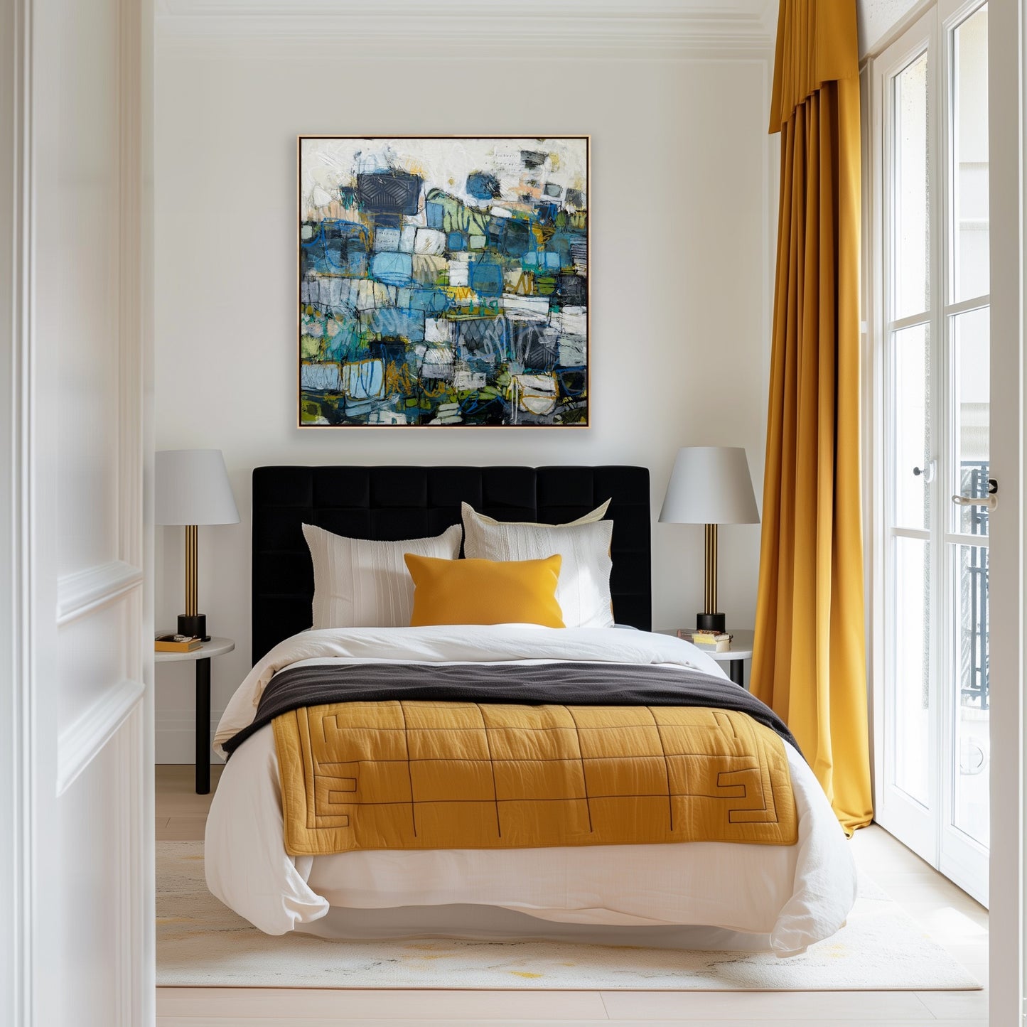 Modern bedroom with a bed, yellow quilt, and abstract art on the wall.