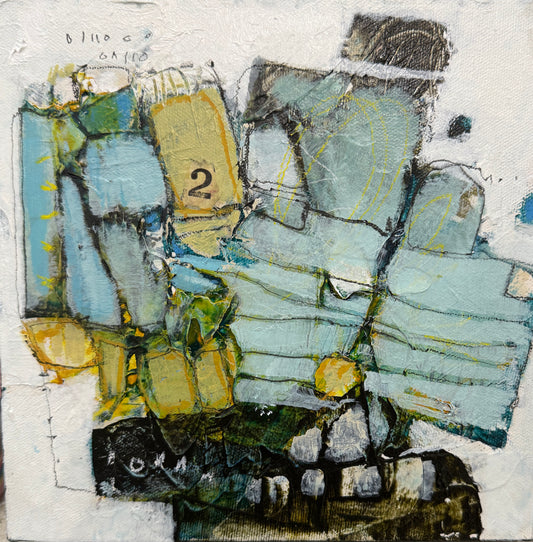 Abstract artwork with blue, green, and yellow colors on a textured white background