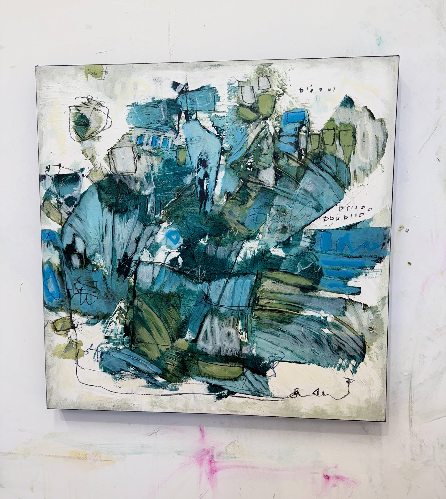 Abstract art piece with blue and green colors on a textured background art by Lori Mirabelli