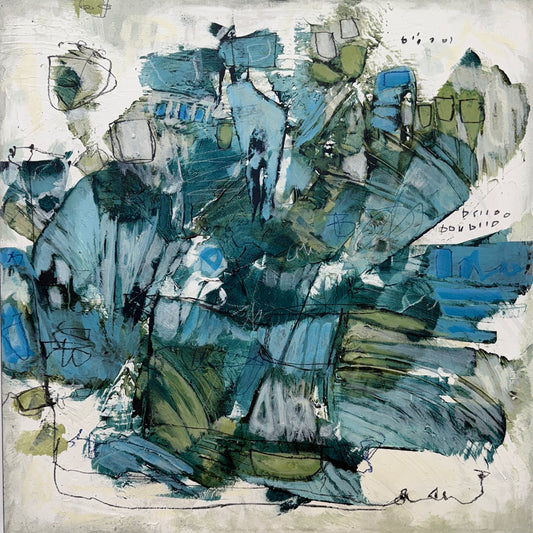 Abstract art piece with blue and green colors on a textured background art by Lori Mirabelli