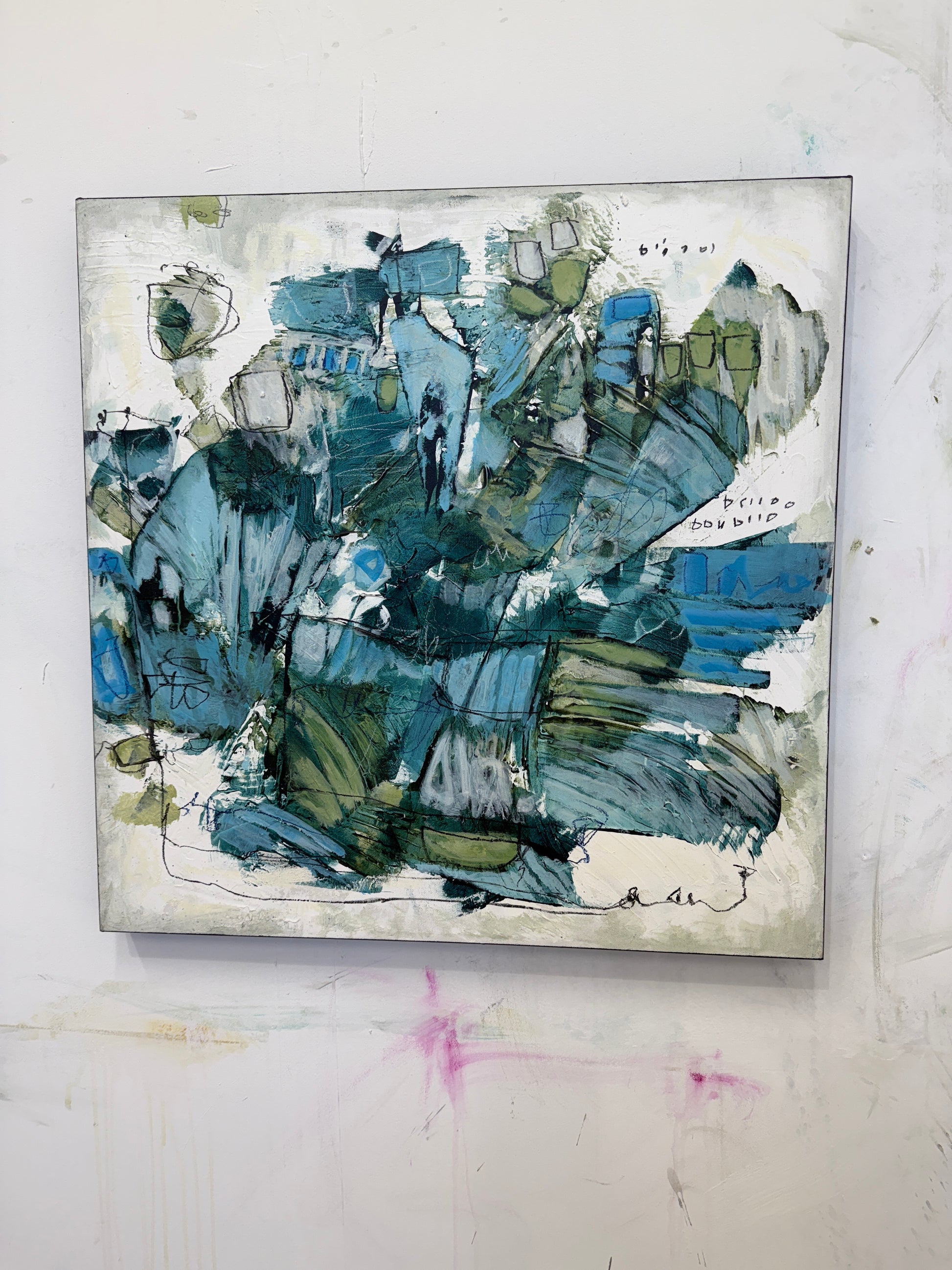 Abstract art piece with blue and green colors on a textured background art by Lori Mirabelli