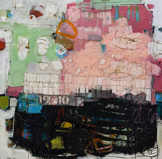 abstract painting 40x40 green pink mid century modern lori mirabelli