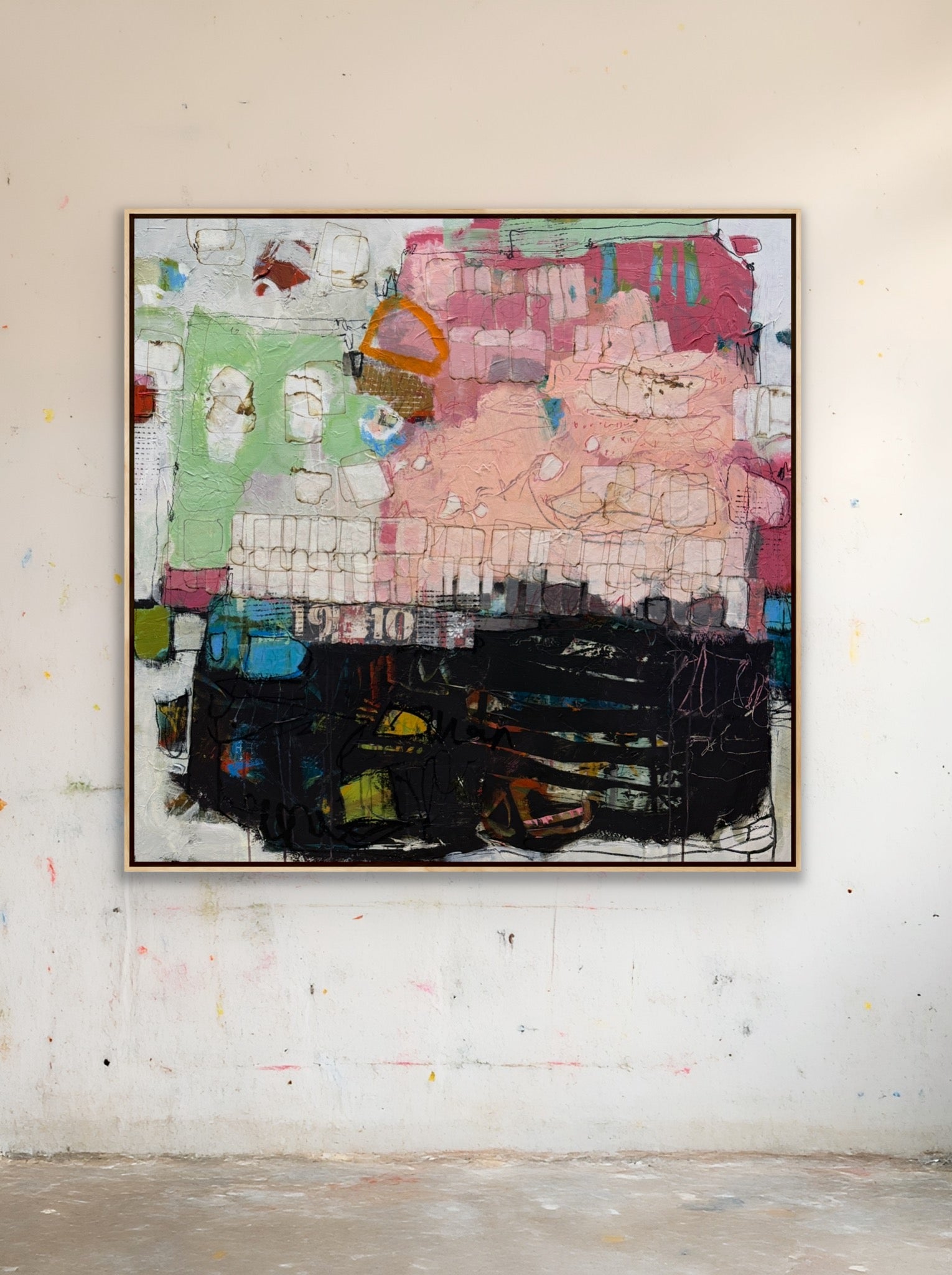 abstract painting 40x40 green pink mid century modern lori mirabelli