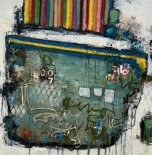 abstract painting 40x40 green pink mid century modern lori mirabelli
