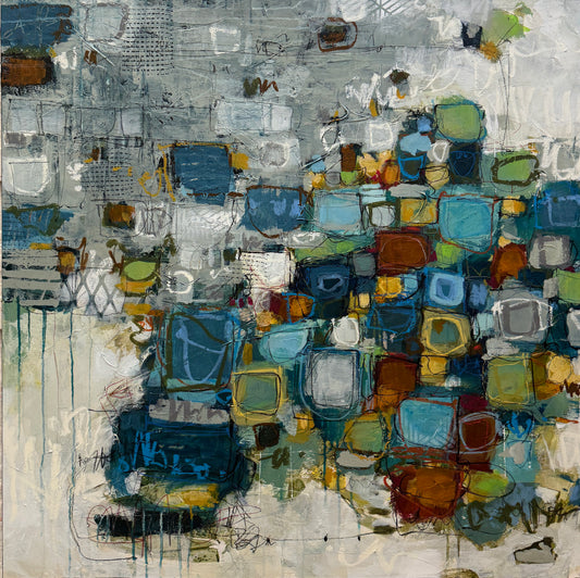 abstract painting 40x40 green pink mid century modern lori mirabelli