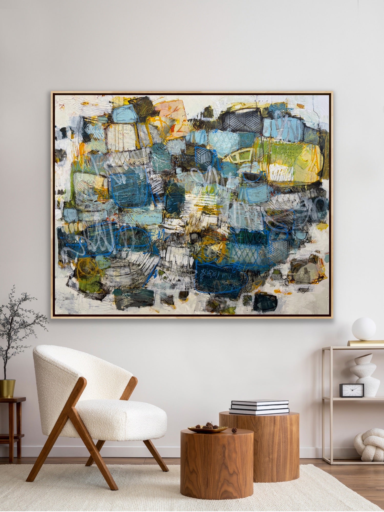 Abstract art painting in a modern living room setting 48X60 INCH lori mirabelli paintings for sale