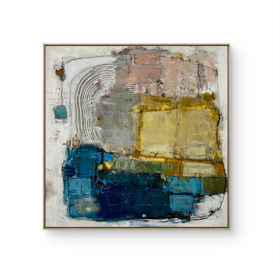 Abstract art painting with a gold frame on a white background