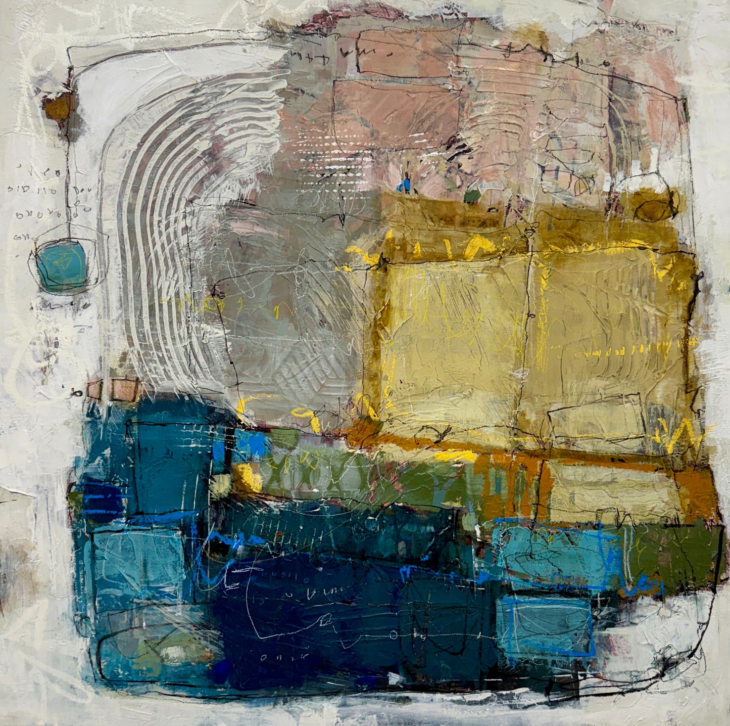 Abstract art piece with a mix of blue, yellow, and gray colors on a white background.