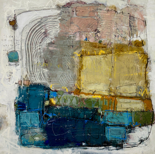 Abstract art piece with a mix of blue, yellow, and gray colors on a white background.