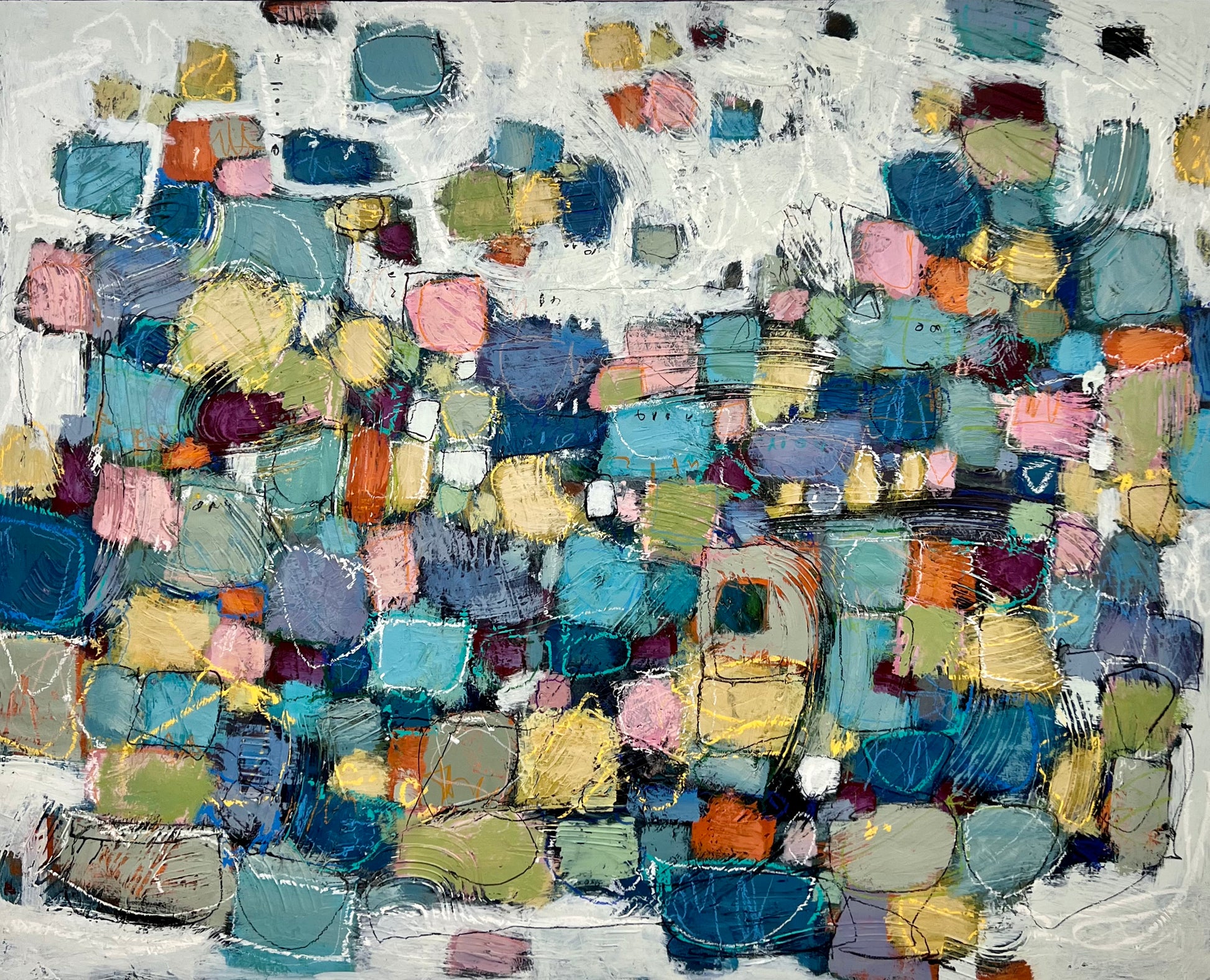 48x60 inch horizontal large colorful abstract painting Lori Mirabelli