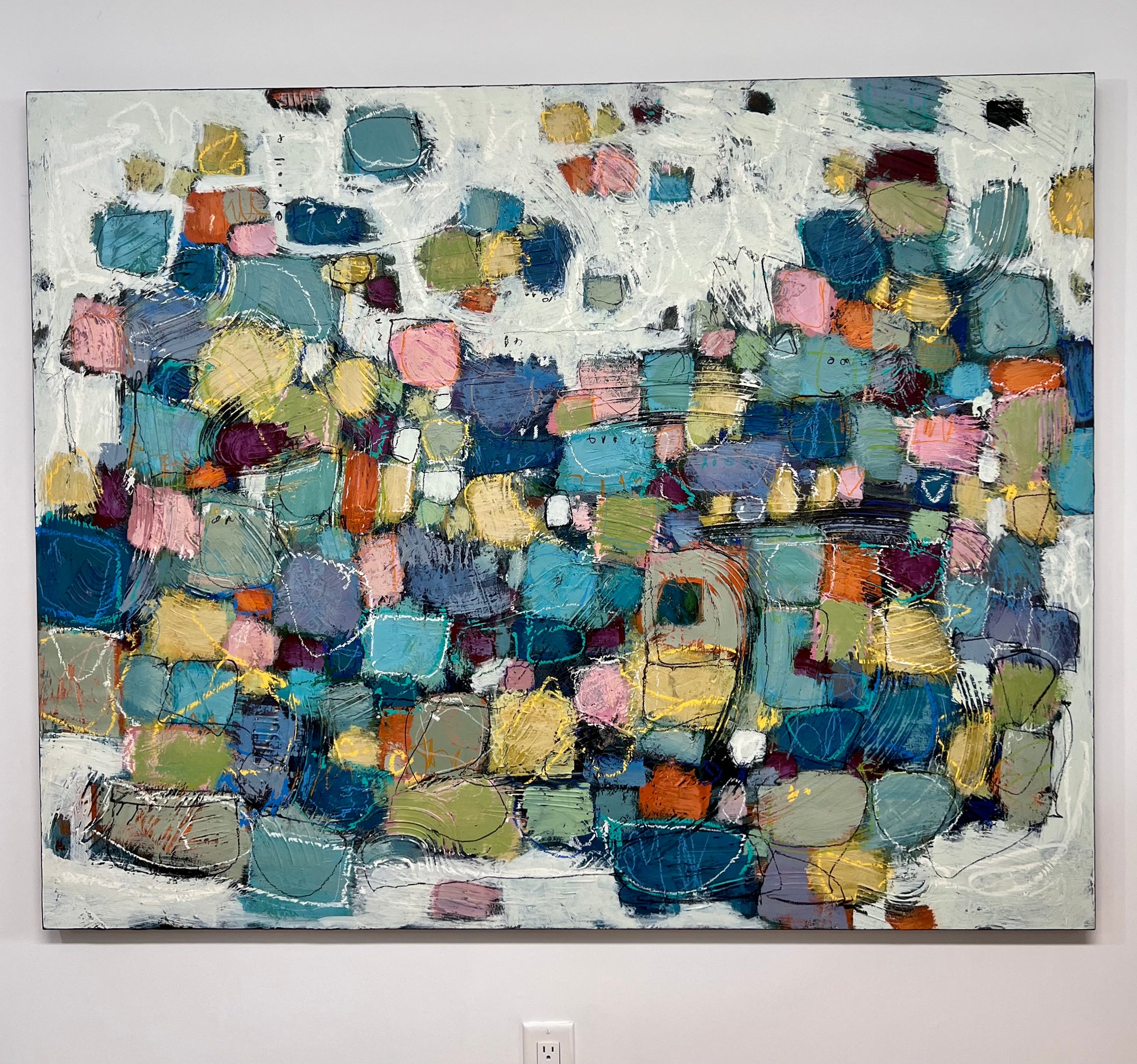 48x60 inch horizontal large colorful abstract painting Lori Mirabelli