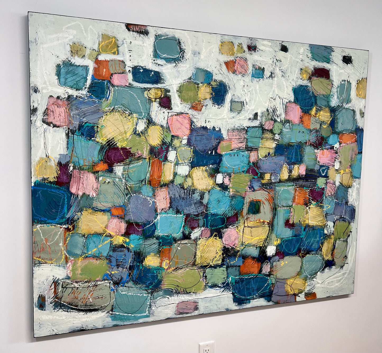 48x60 inch horizontal large colorful abstract painting Lori Mirabelli