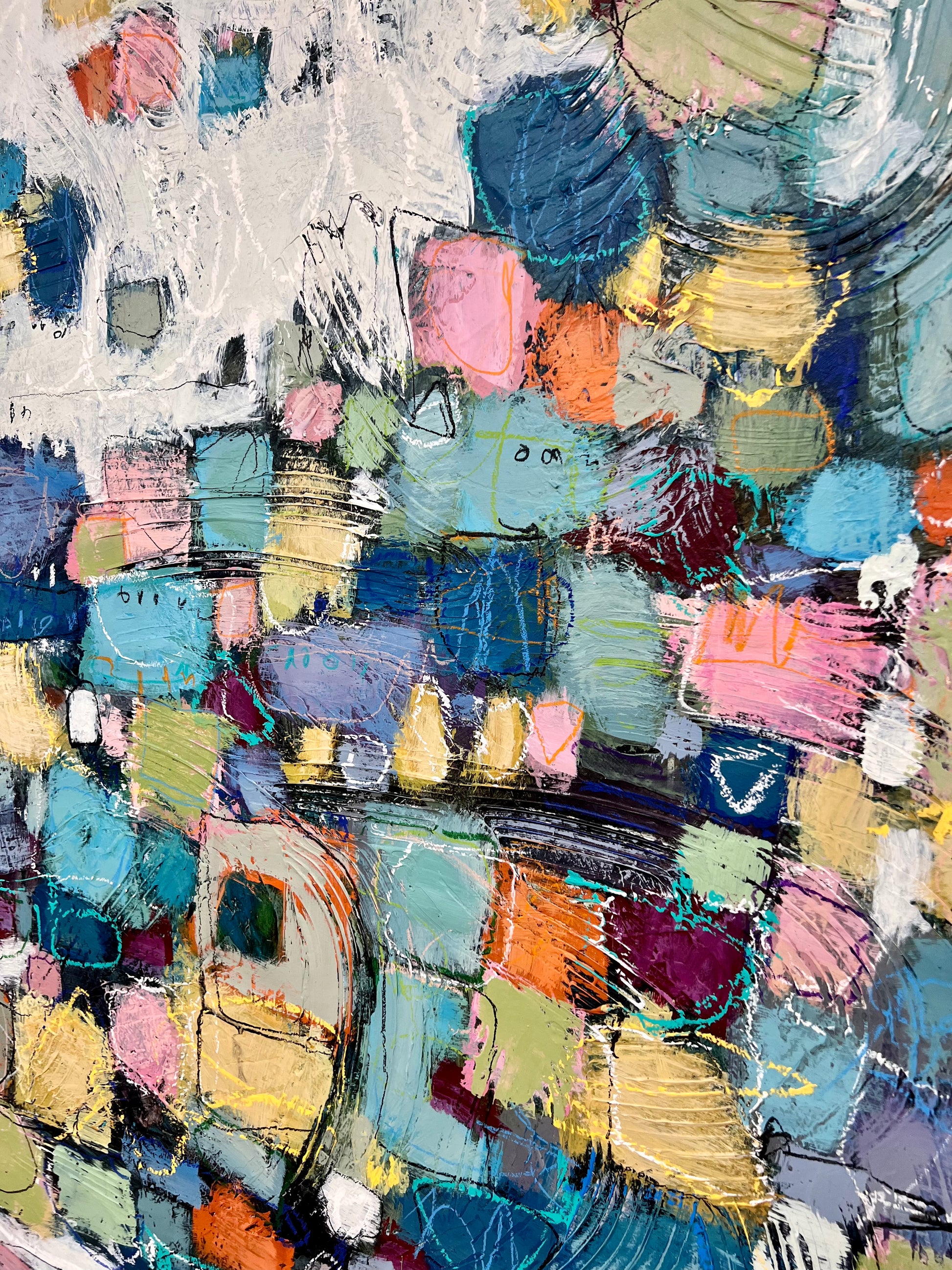 48x60 inch horizontal large colorful abstract painting Lori Mirabelli