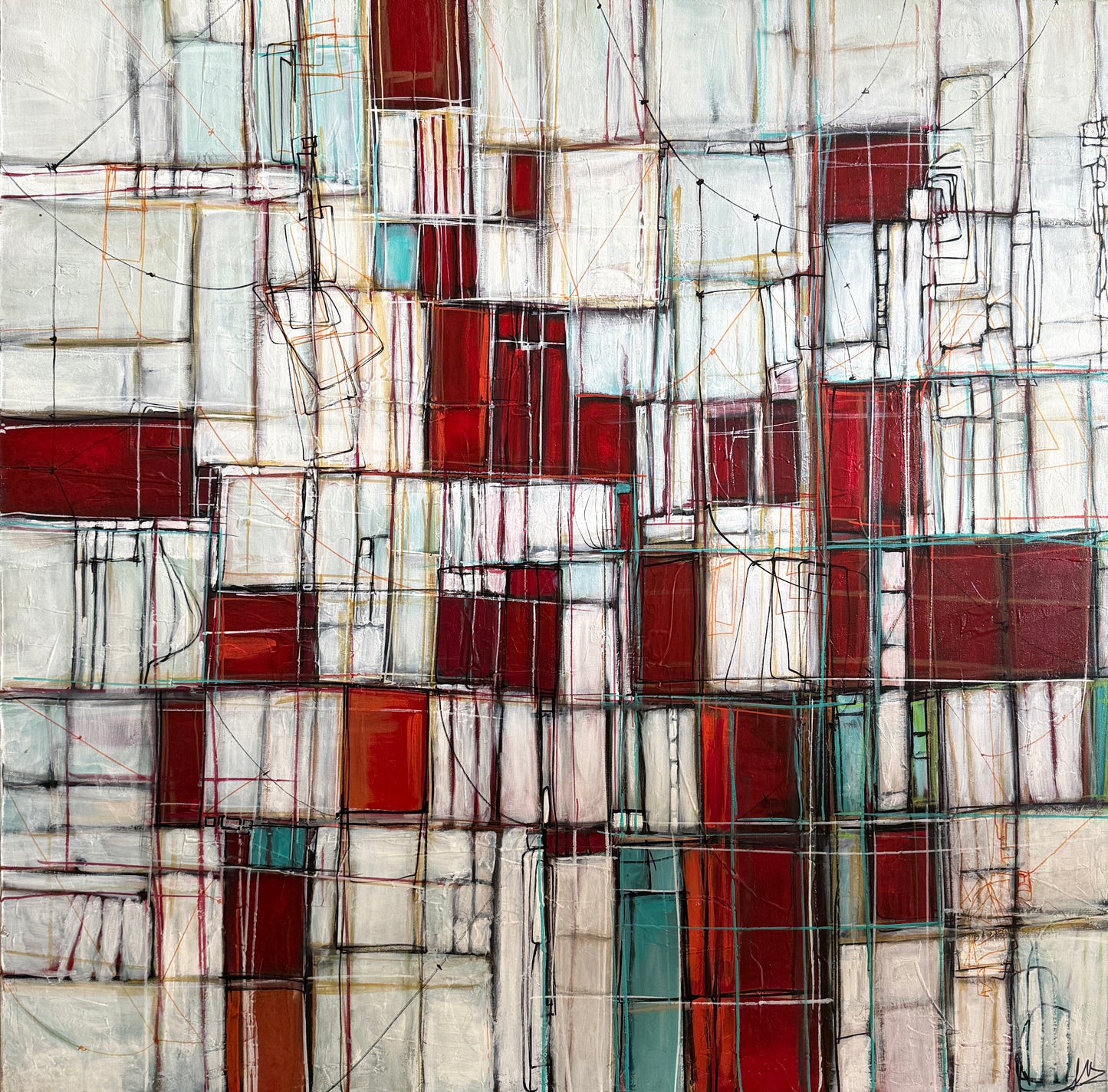 Abstract geometric painting featuring a grid pattern of white, red, and teal blocks outlined with black and brown lines.