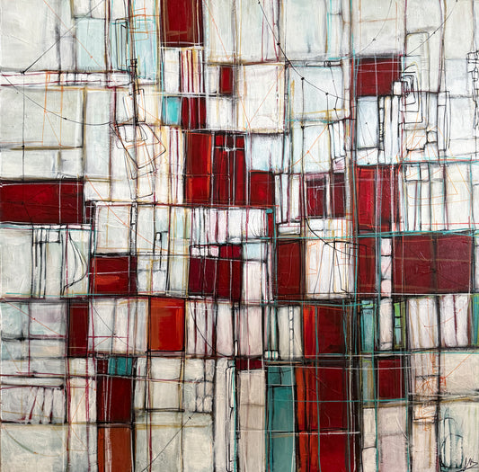 Abstract geometric painting featuring a grid pattern of white, red, and teal blocks outlined with black and brown lines.