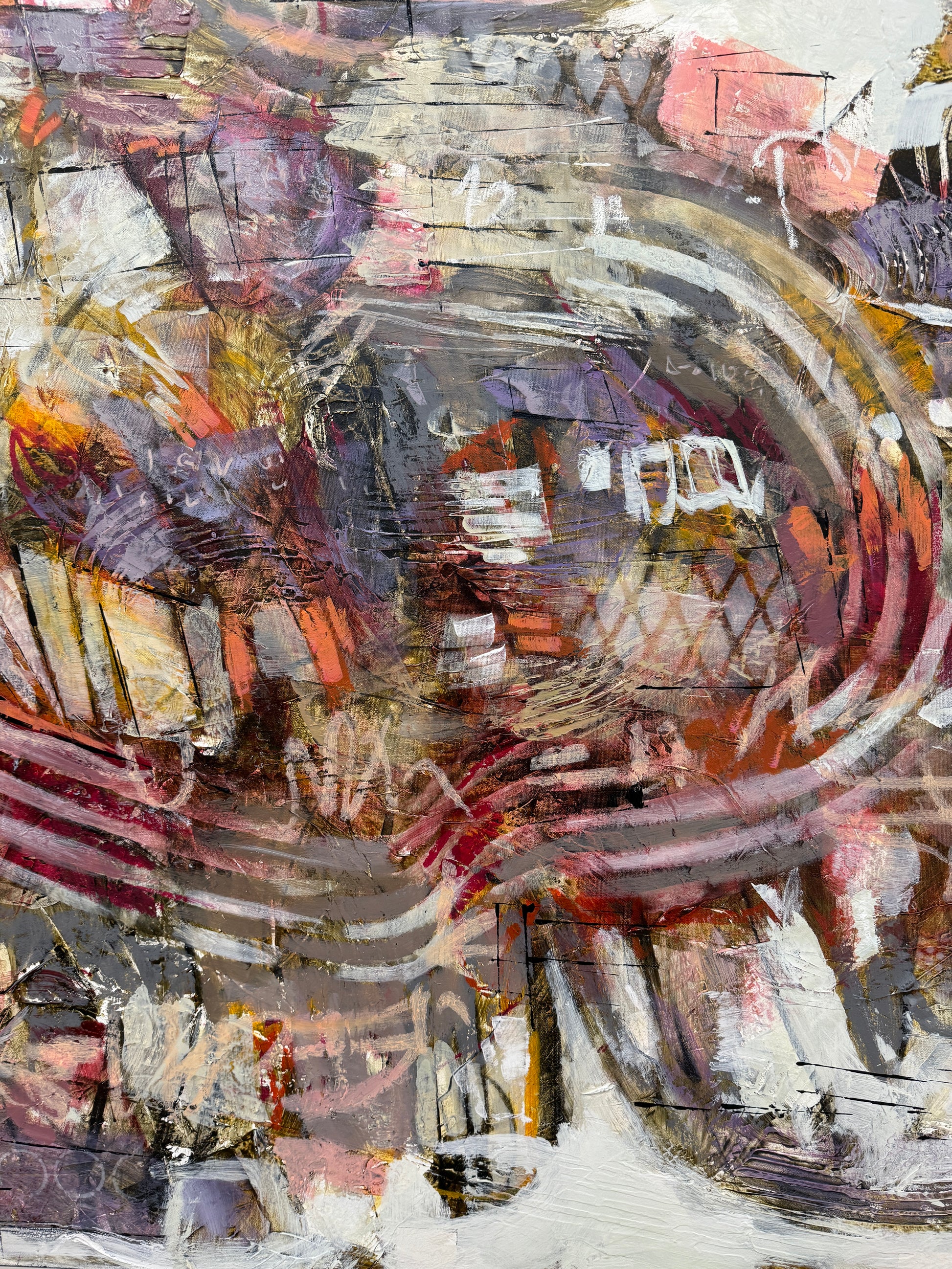 Abstract 40 x 60” acrylic painting by Lori Mirabelli featuring layered brushwork in earthy tones of mauve, ochre, and deep red — contemporary modern artwork collected in Toronto, New York, and Chicago.