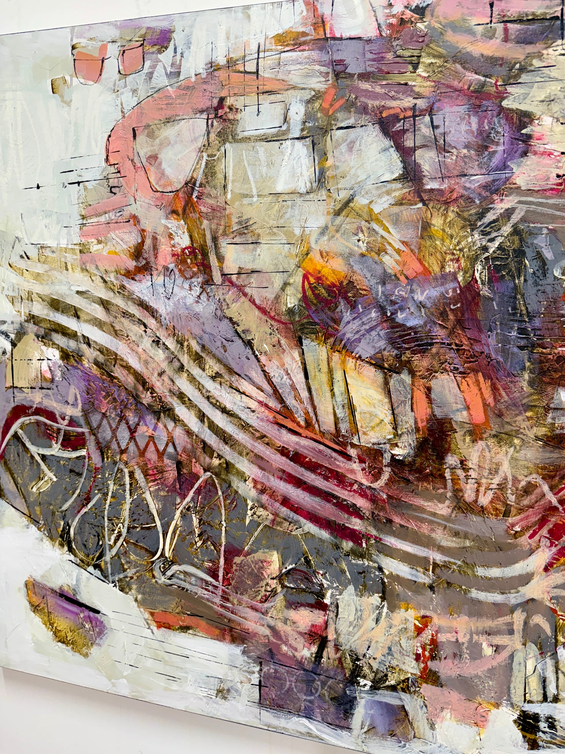 Abstract 40 x 60” acrylic painting by Lori Mirabelli featuring layered brushwork in earthy tones of mauve, ochre, and deep red — contemporary modern artwork collected in Toronto, New York, and Chicago.