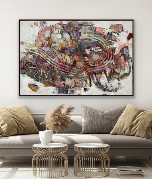 Abstract 40 x 60” acrylic painting by Lori Mirabelli featuring layered brushwork in earthy tones of mauve, ochre, and deep red — contemporary modern artwork collected in Toronto, New York, and Chicago.