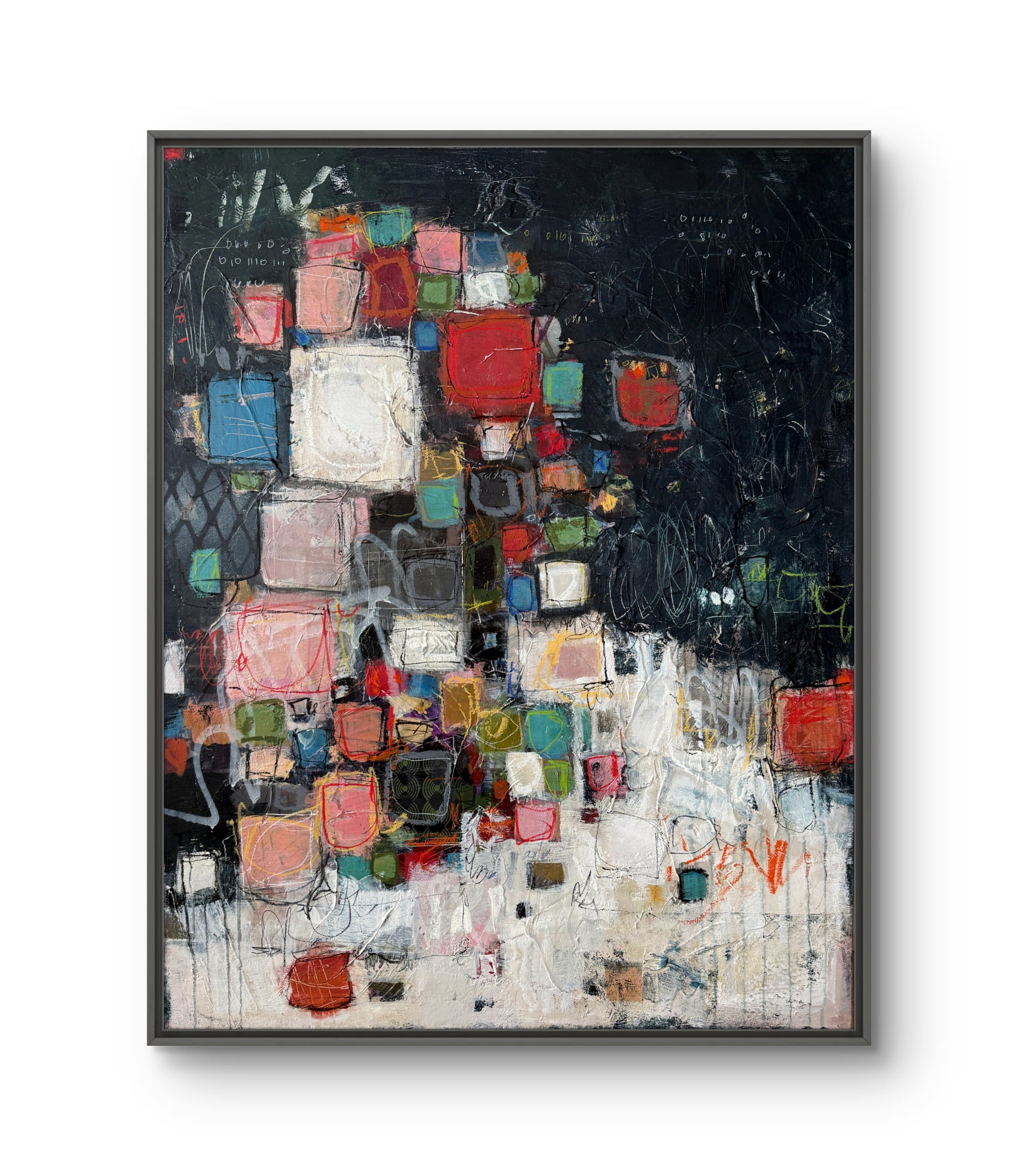 Detail of Block Party by Lori Mirabelli, contemporary geometric abstract painting with vibrant square shapes in acrylic on canvas.