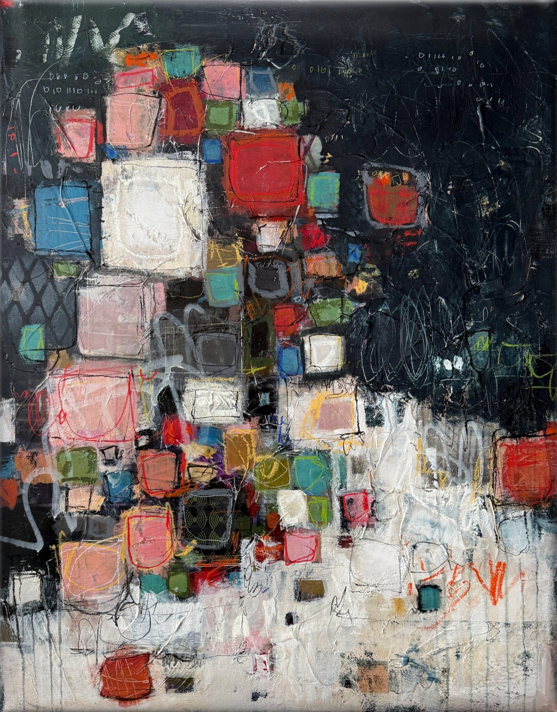 Block Party, geometric abstract painting by Lori Mirabelli, acrylic on canvas featuring layered colorful square forms.