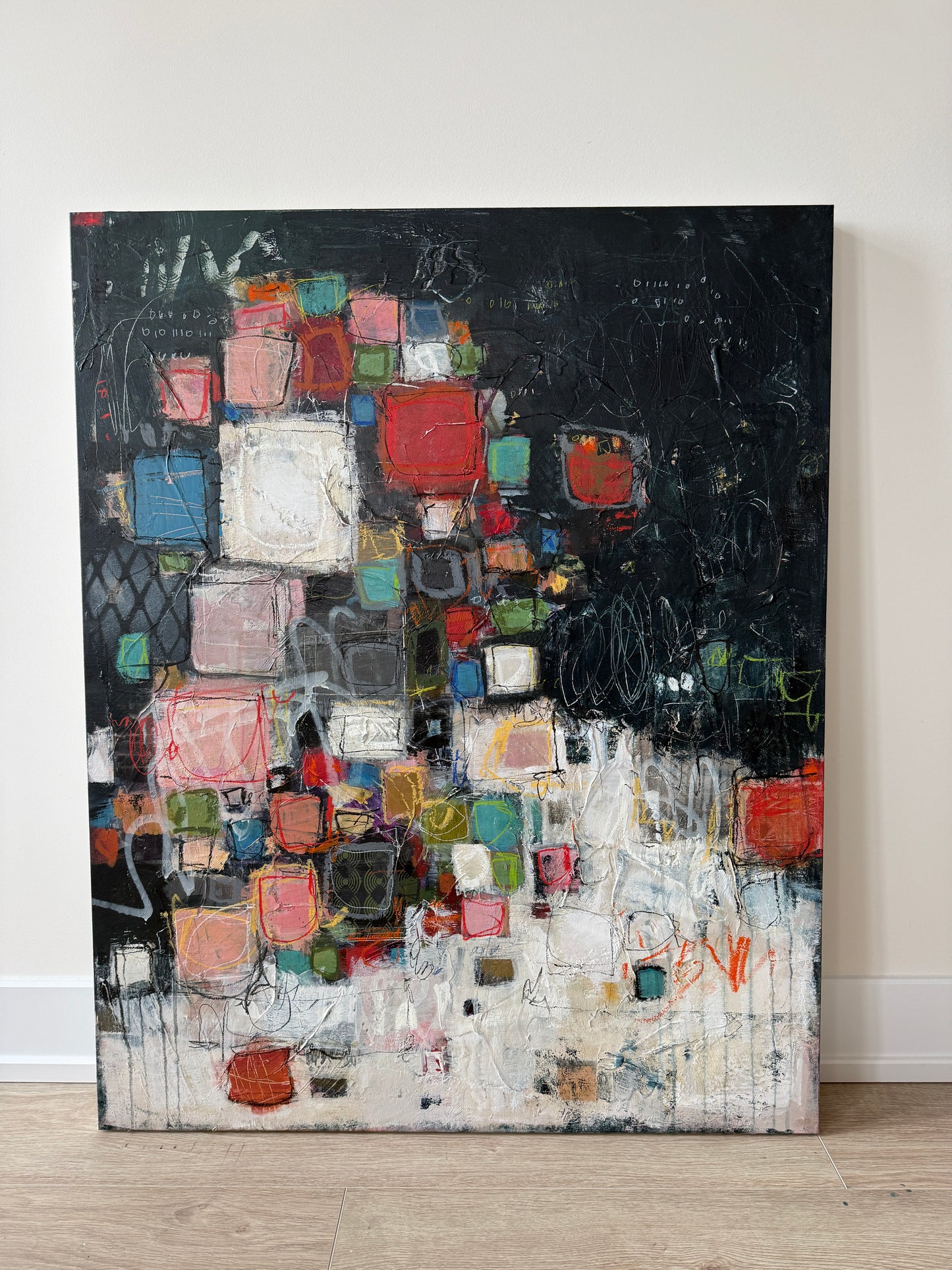 Block Party original geometric abstract painting by Lori Mirabelli, colorful acrylic on canvas with stacked square composition.