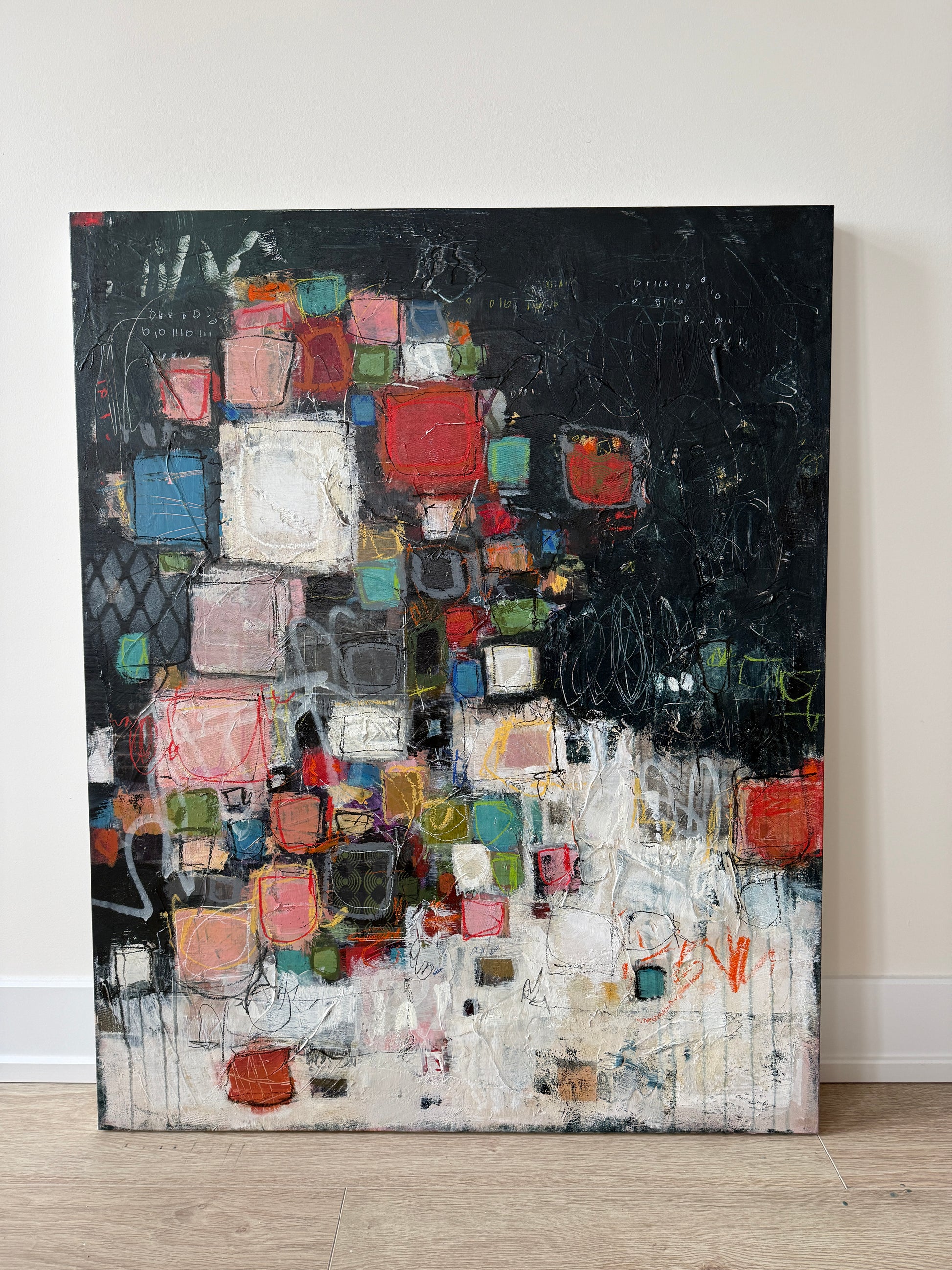 Block Party original geometric abstract painting by Lori Mirabelli, colorful acrylic on canvas with stacked square composition.