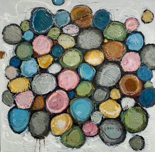 Contemporary abstract acrylic painting on canvas featuring layered colourful circular forms in soft blue, pink, green, gold, and neutral tones, surrounded by textured white space with expressive mark making and organic composition.