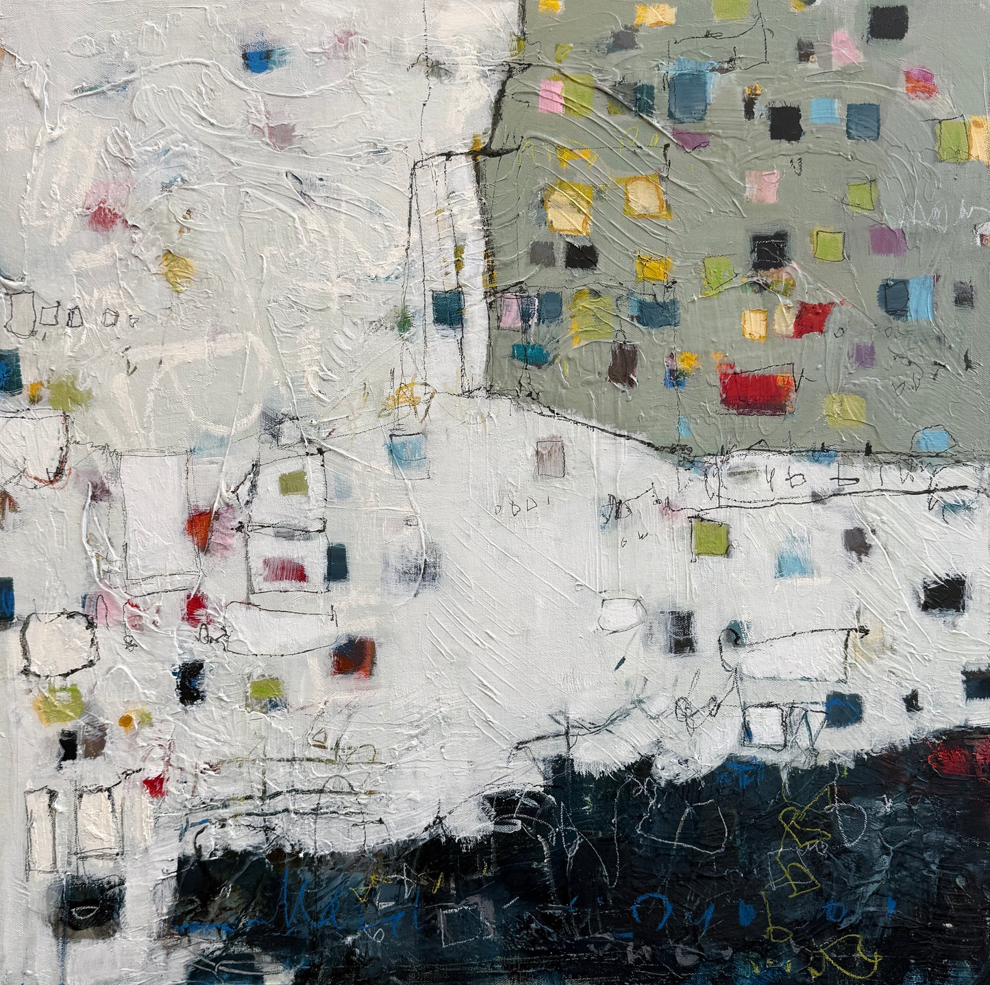 24 x 24 abstract acrylic painting on canvas by Lori Mirabelli featuring textured white background with colorful geometric squares