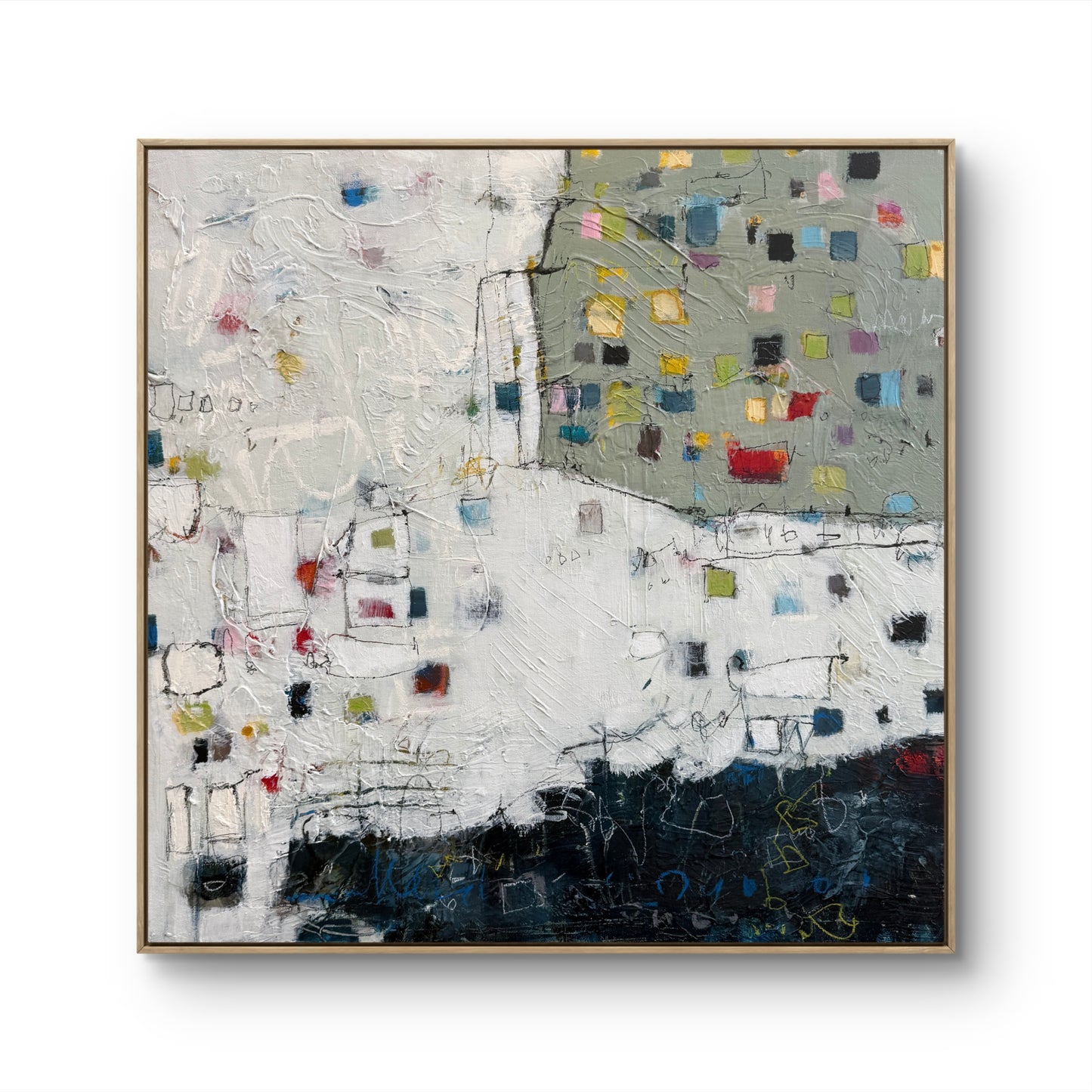 Contemporary abstract painting 24x24 by Lori Mirabelli with layered texture, grid-like color fragments and expressive linework
