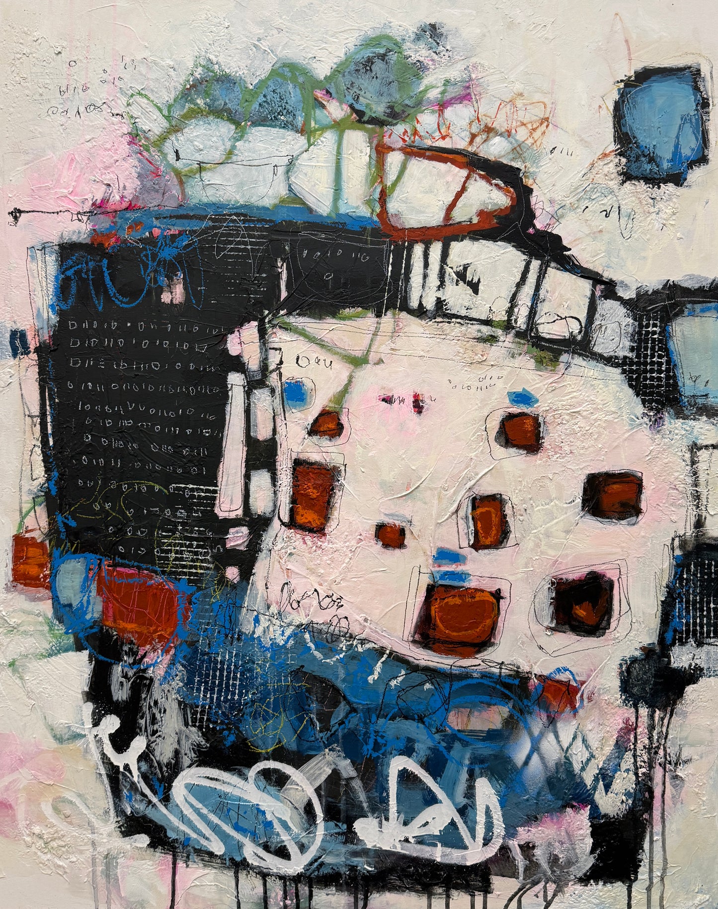 An abstract mixed-media painting featuring a central white oval form with black grid lines, surrounded by expressive blue, black, pink, orange, and white brushstrokes and text-like markings.
