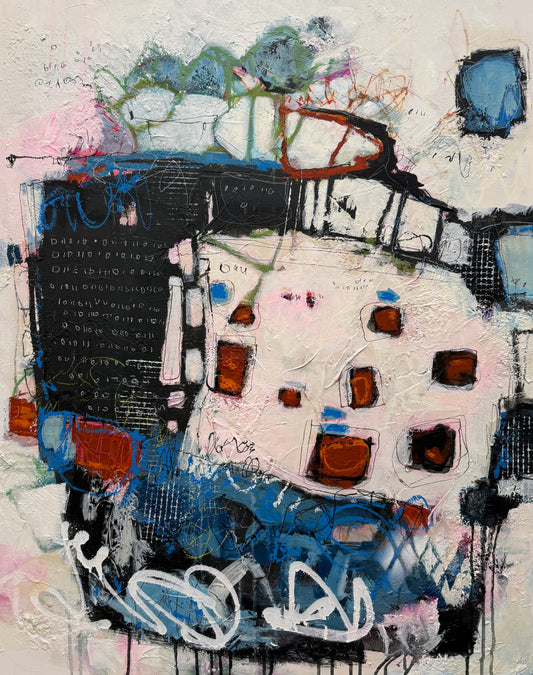An abstract mixed-media painting featuring a central white oval form with black grid lines, surrounded by expressive blue, black, pink, orange, and white brushstrokes and text-like markings.