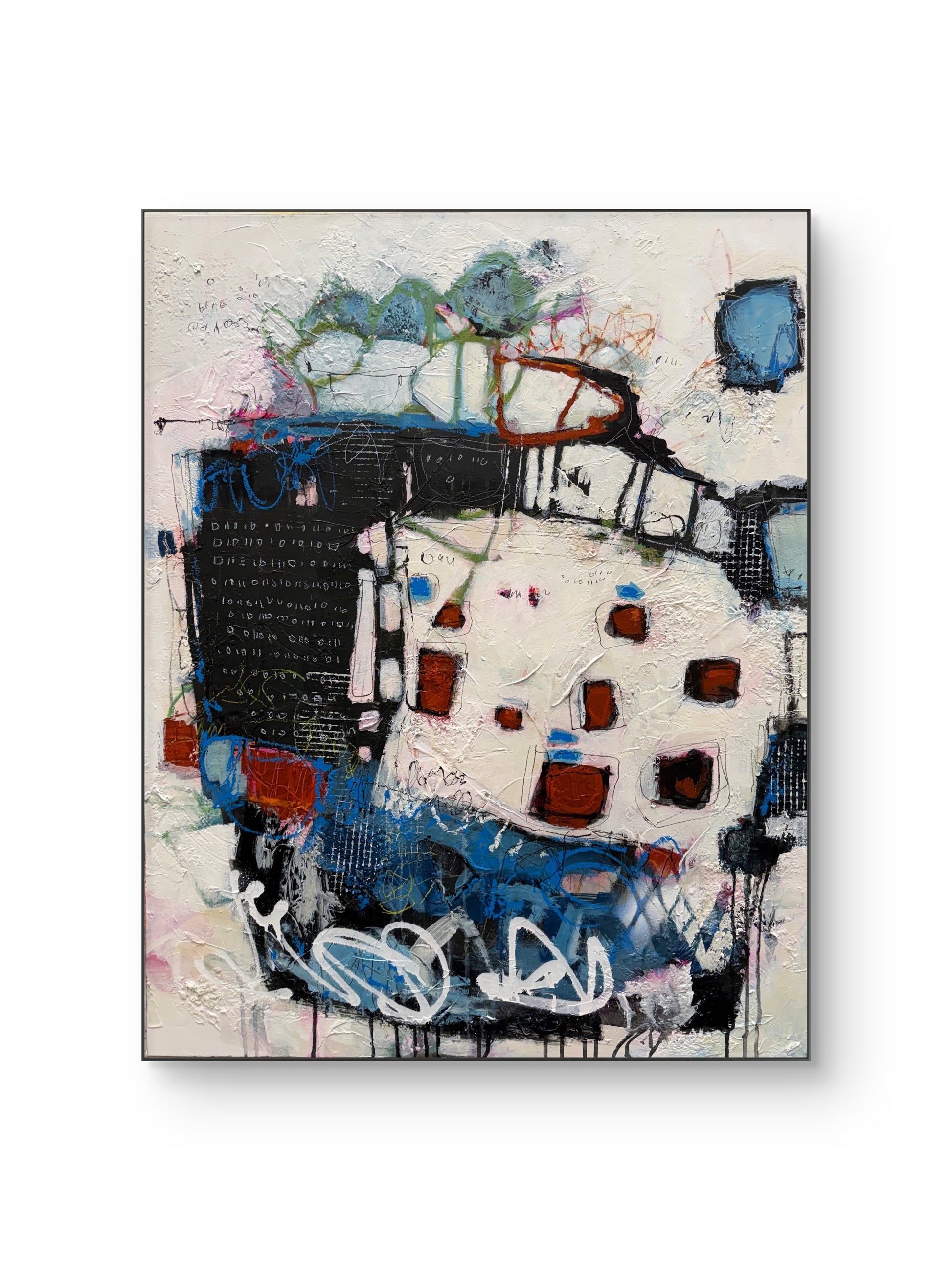 An abstract mixed-media painting on a square canvas, featuring textured layers of black, white, blue, red, and green paint. The artwork is presented against a clean white background with a subtle drop shadow.