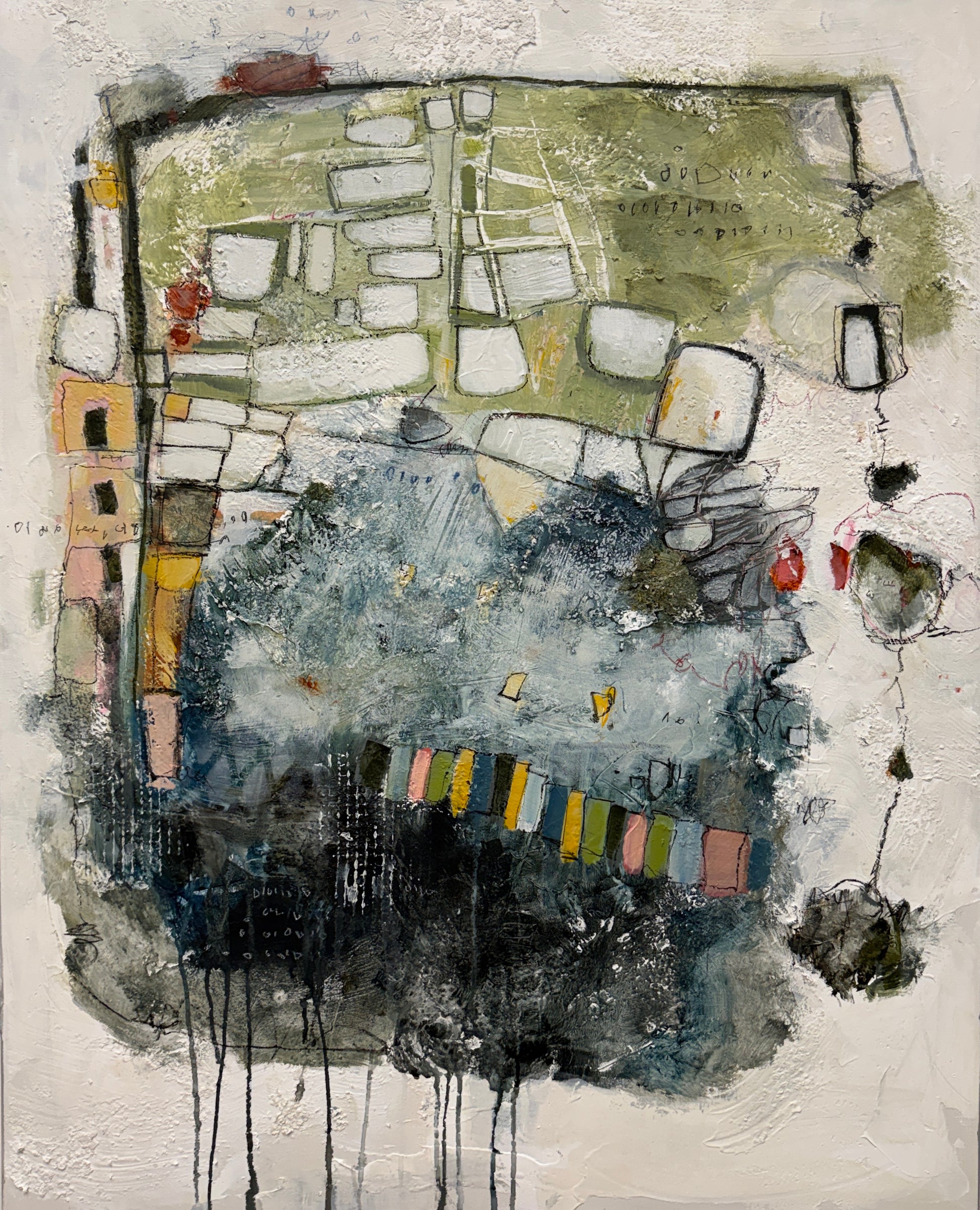 An abstract mixed-media painting featuring layered blocks of olive green, slate blue, charcoal black, cream, and small accents of yellow, pink, and red, with dripped black ink at the bottom.