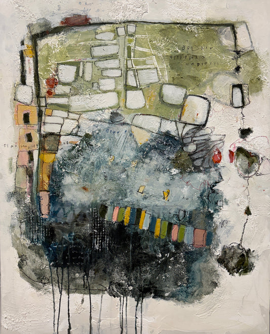 An abstract mixed-media painting featuring layered blocks of olive green, slate blue, charcoal black, cream, and small accents of yellow, pink, and red, with dripped black ink at the bottom.