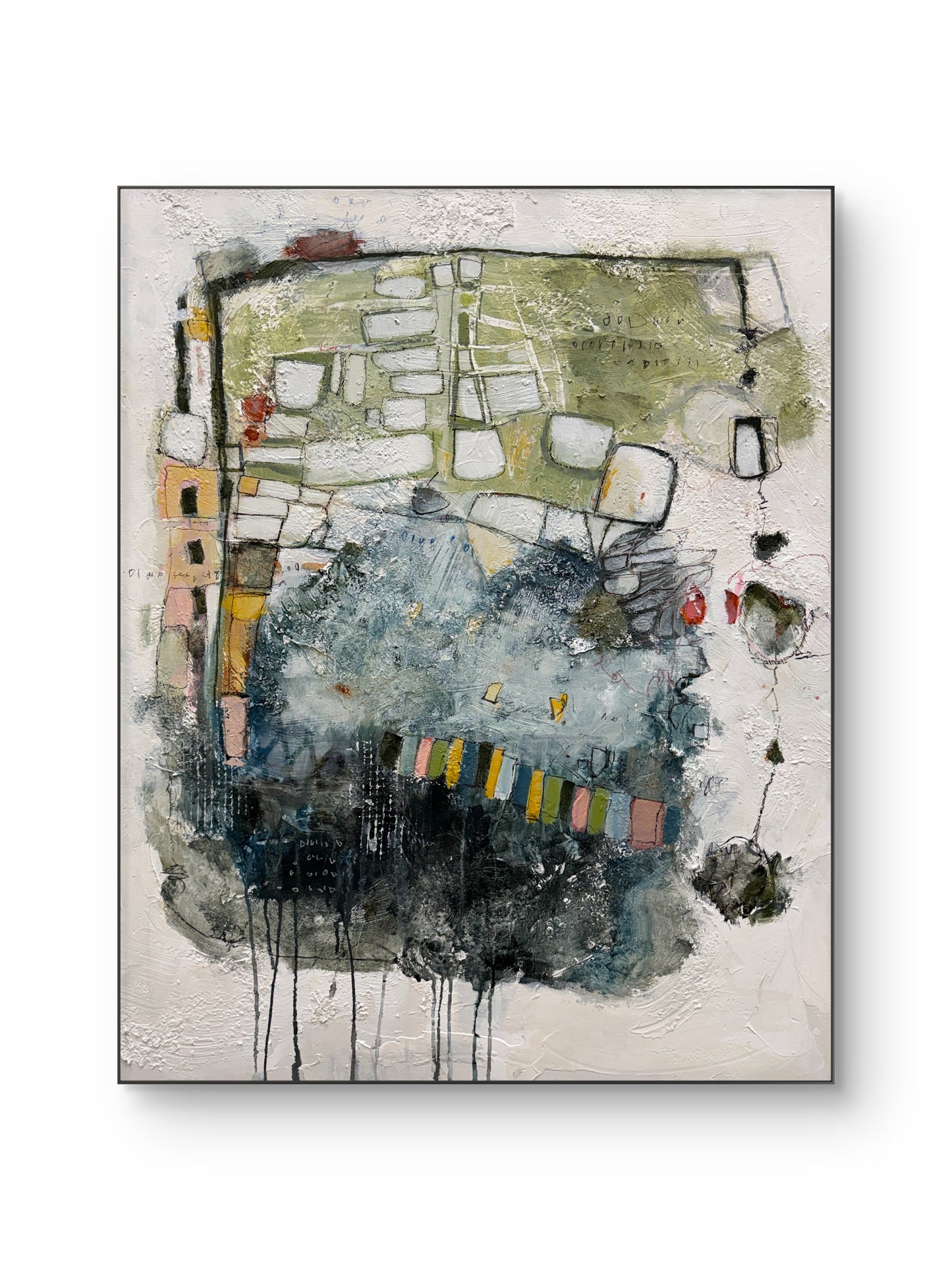 An abstract canvas painting featuring textured brushstrokes and drips in shades of blue, green, black, gray, and beige, with small accents of yellow, pink, and red, shown against a clean white background.