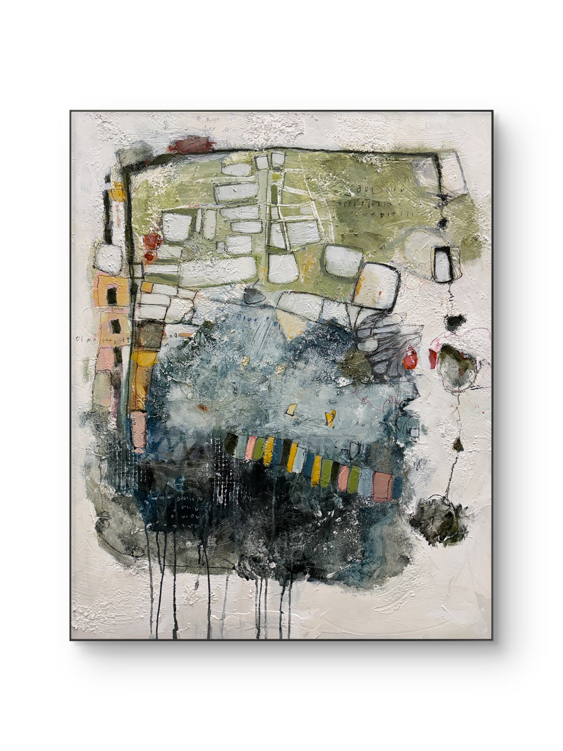An abstract canvas painting featuring textured brushstrokes and drips in shades of blue, green, black, gray, and beige, with small accents of yellow, pink, and red, shown against a clean white background.