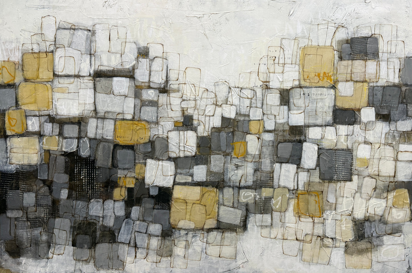 An abstract textured painting featuring a grid-like pattern of overlapping rectangles in shades of gray, white, black, and ochre yellow, with a textured off-white background.