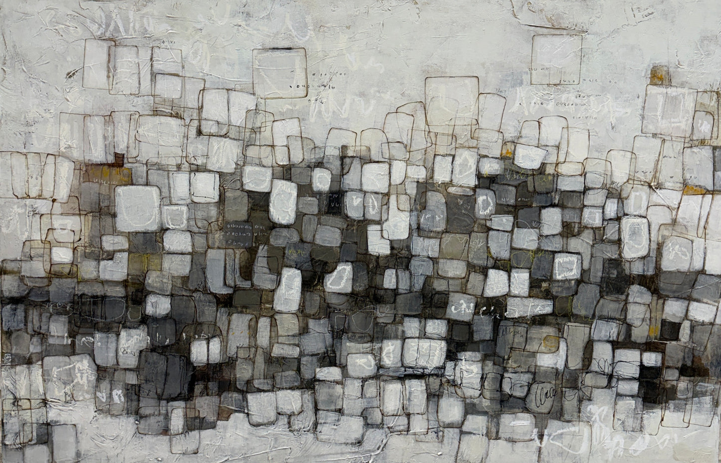 An abstract canvas painting featuring a textured mosaic of rectangular blocks in shades of gray, white, black, and subtle warm gold accents, with a light gray background.