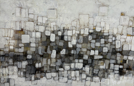 An abstract canvas painting featuring a textured mosaic of rectangular blocks in shades of gray, white, black, and subtle warm gold accents, with a light gray background.