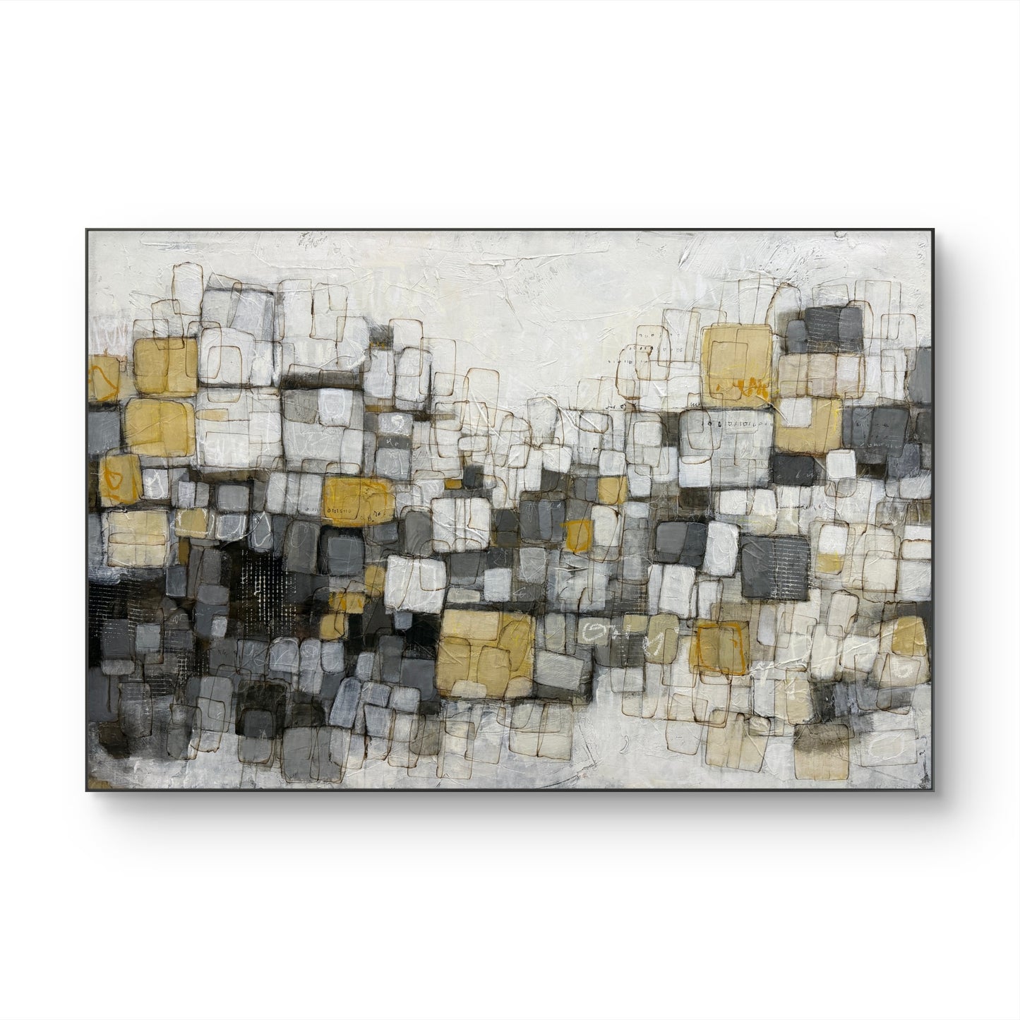 An abstract canvas painting featuring a textured mosaic of geometric blocks in gray, white, black, and ochre yellow, displayed on a clean white background.